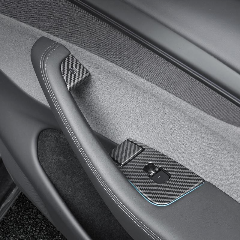 10 Pcs Set - for Tesla Model Y Juniper 2025 Carbon Fiber Button Stickers Door Open Button Sticker Compatible Carbon Fiber Door Lock Switch Trim Interior Accessories - for Left-Hand Drive Vehicles