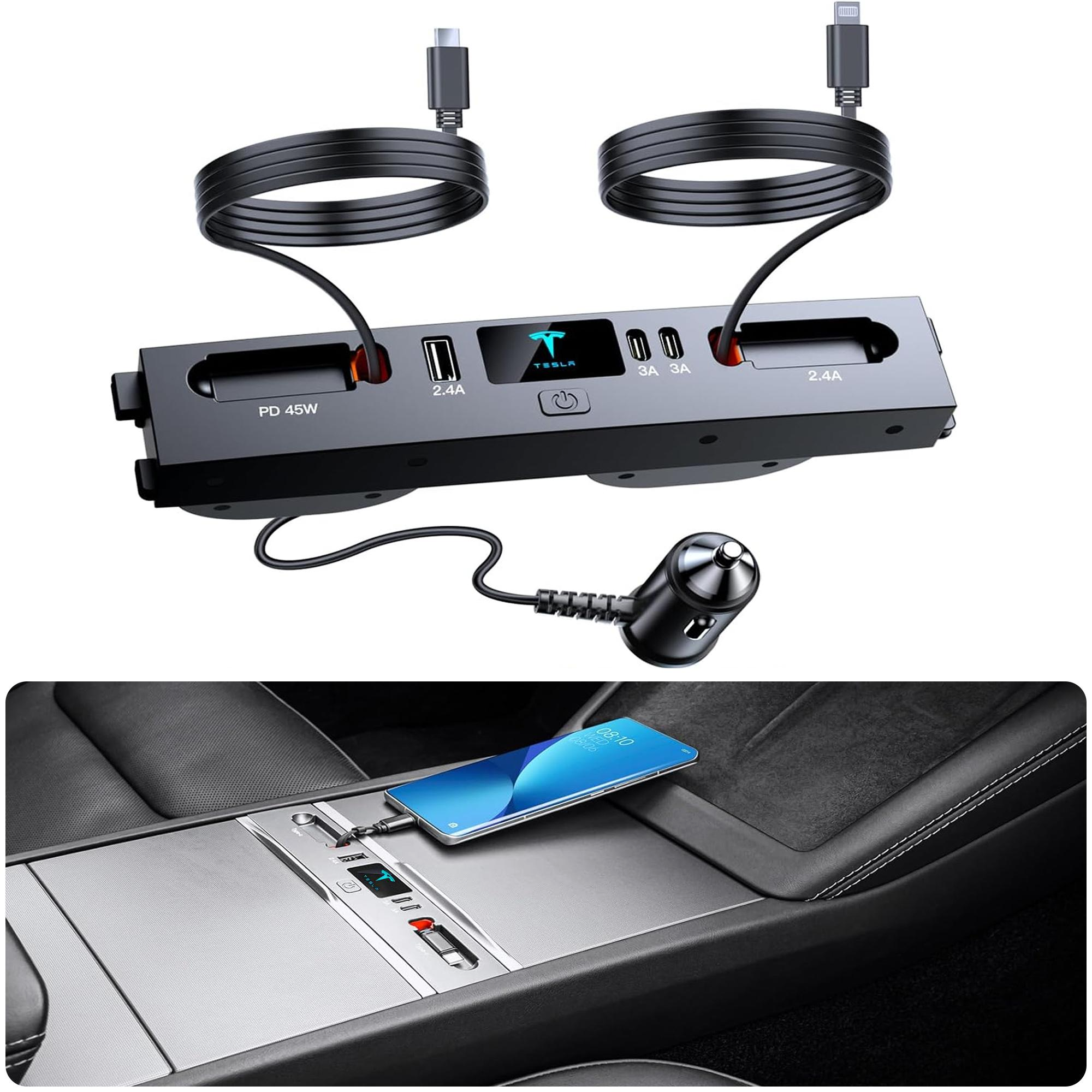 [ 1 PD & 1 Type-C ] Charging Hub for Tesla (Silver Gray), Retractable 27W Fast Charger for iPhone 5~17 is Necessary Tesla Model 3 & Model Y Accessories Highland or Juniper Compatible