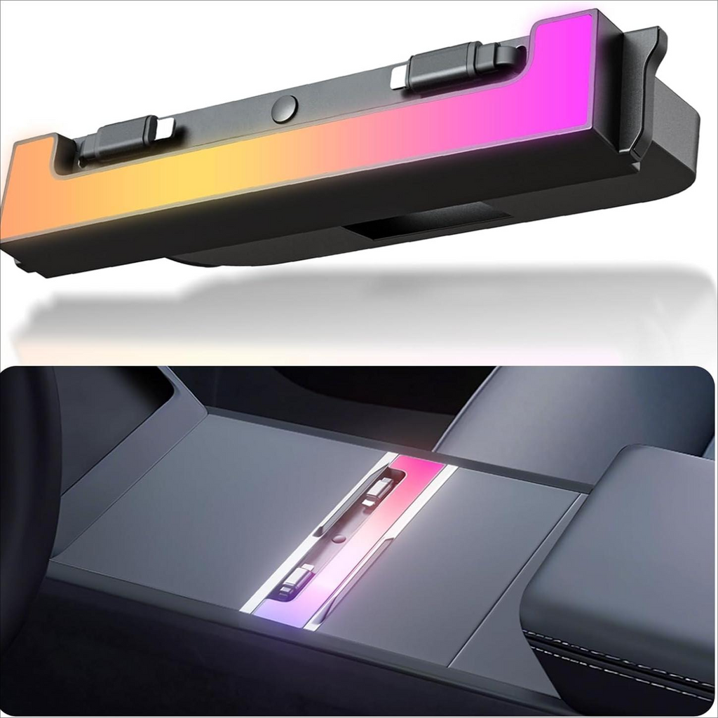 [ Fourth Generation ] Type-C 60W & PD 27W,Double 35in Telescopic USB Hub for Tesla Model Y Juniper 2025 2026 Model 3 Highland 2024 2025 with RGB Ambient Light, 120W Dual Type-C Fast Charger Multi Ports Docking Station Retractable Cable fit Center Console