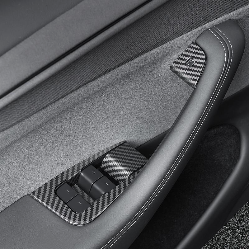 10 Pcs Set - for Tesla Model Y Juniper 2025 Carbon Fiber Button Stickers Door Open Button Sticker Compatible Carbon Fiber Door Lock Switch Trim Interior Accessories - for Left-Hand Drive Vehicles