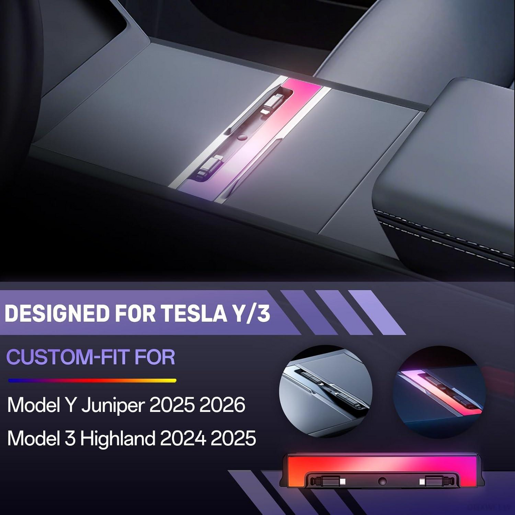 [ Fourth Generation ] Type-C 60W & PD 27W,Double 35in Telescopic USB Hub for Tesla Model Y Juniper 2025 2026 Model 3 Highland 2024 2025 with RGB Ambient Light, 120W Dual Type-C Fast Charger Multi Ports Docking Station Retractable Cable fit Center Console