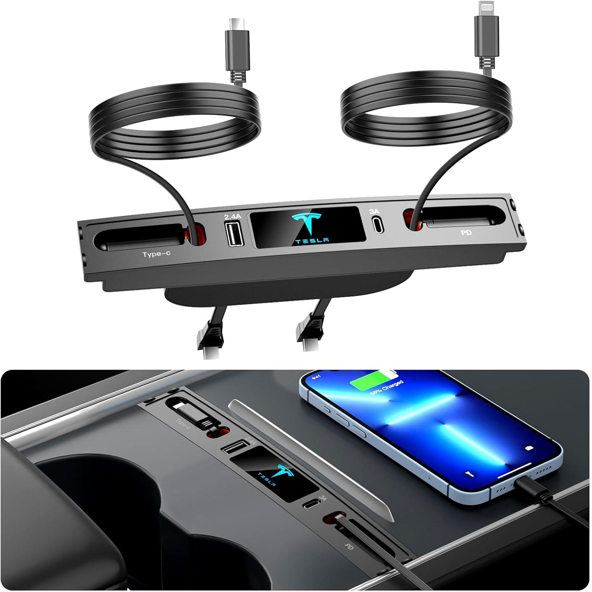 [ 1 PD & 1 Type-C ] Charging Hub for Tesla (Silver Gray), Retractable 27W Fast Charger for iPhone 5~17 is Necessary Tesla Model 3 & Model Y Accessories Highland or Juniper Compatible