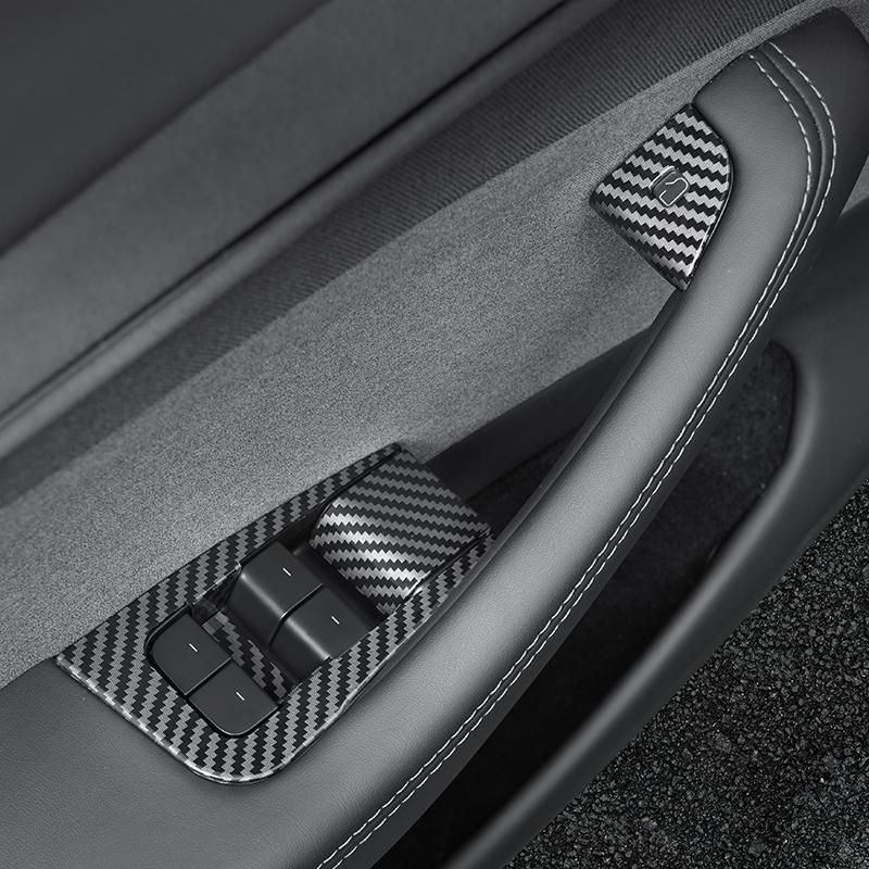 10 Pcs Set - for Tesla Model Y Juniper 2025 Carbon Fiber Button Stickers Door Open Button Sticker Compatible Carbon Fiber Door Lock Switch Trim Interior Accessories - for Left-Hand Drive Vehicles