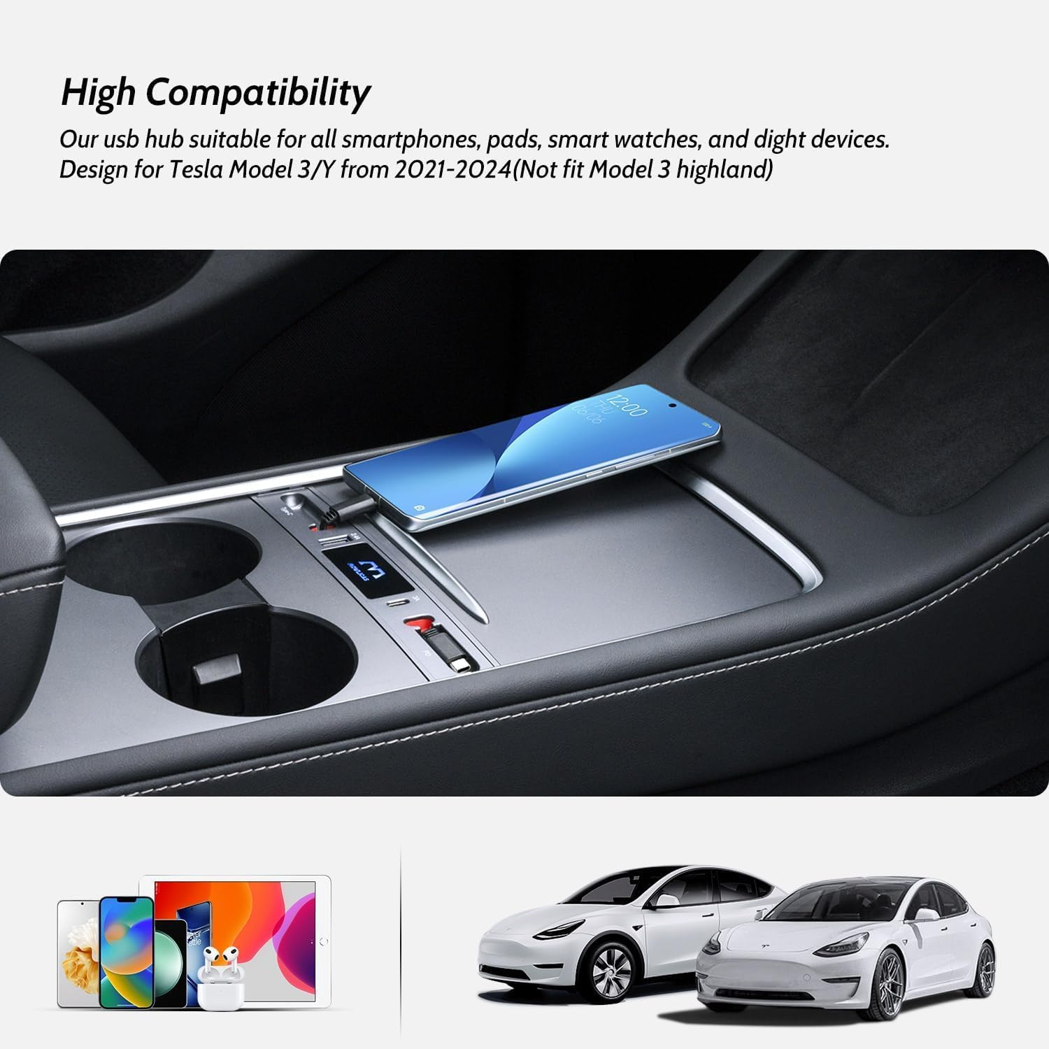 [ 1 PD & 1 Type-C ] Charging Hub for Tesla (Silver Gray), Retractable 27W Fast Charger for iPhone 5~17 is Necessary Tesla Model 3 & Model Y Accessories Highland or Juniper Compatible