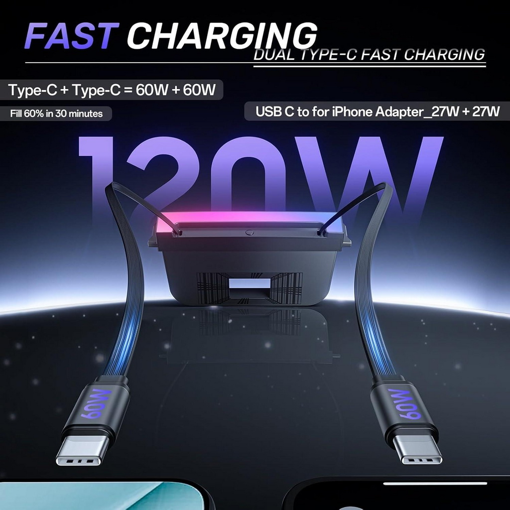 [ Fourth Generation ] Type-C 60W & PD 27W,Double 35in Telescopic USB Hub for Tesla Model Y Juniper 2025 2026 Model 3 Highland 2024 2025 with RGB Ambient Light, 120W Dual Type-C Fast Charger Multi Ports Docking Station Retractable Cable fit Center Console