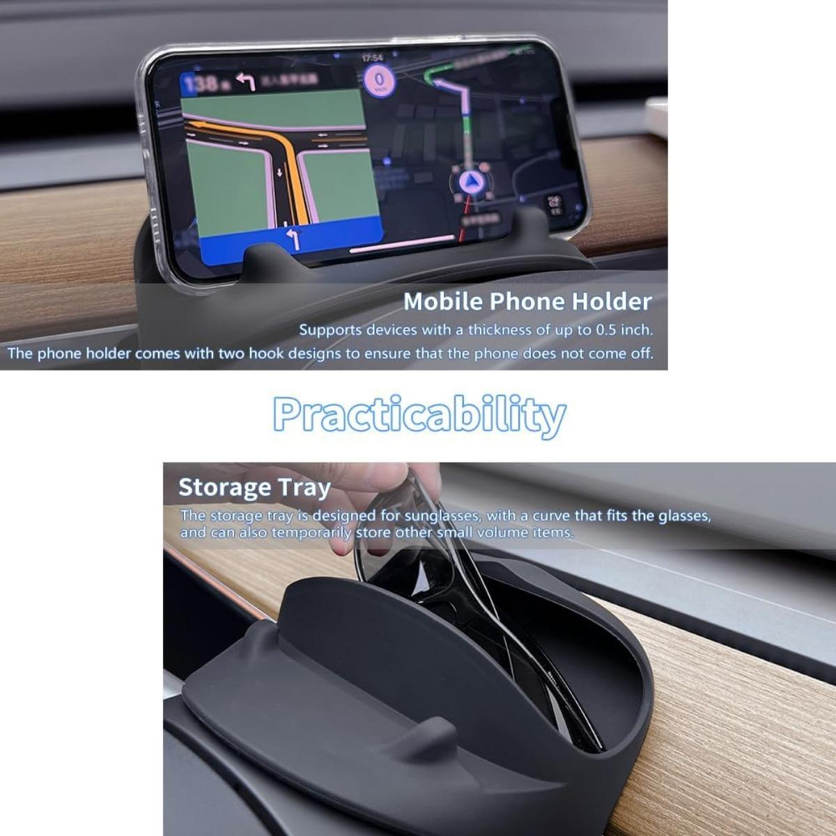 Accessories for Tesla Model 3 (2021-2023) & Model Y (2021-2024) & Model 3 Highland 2024 2025 & Model Y Juniper 2025 2026 Instrument Panel (Driver Side) Silicone Storage Tray with Phone Holder and Key Chains Box - Anti-Slip