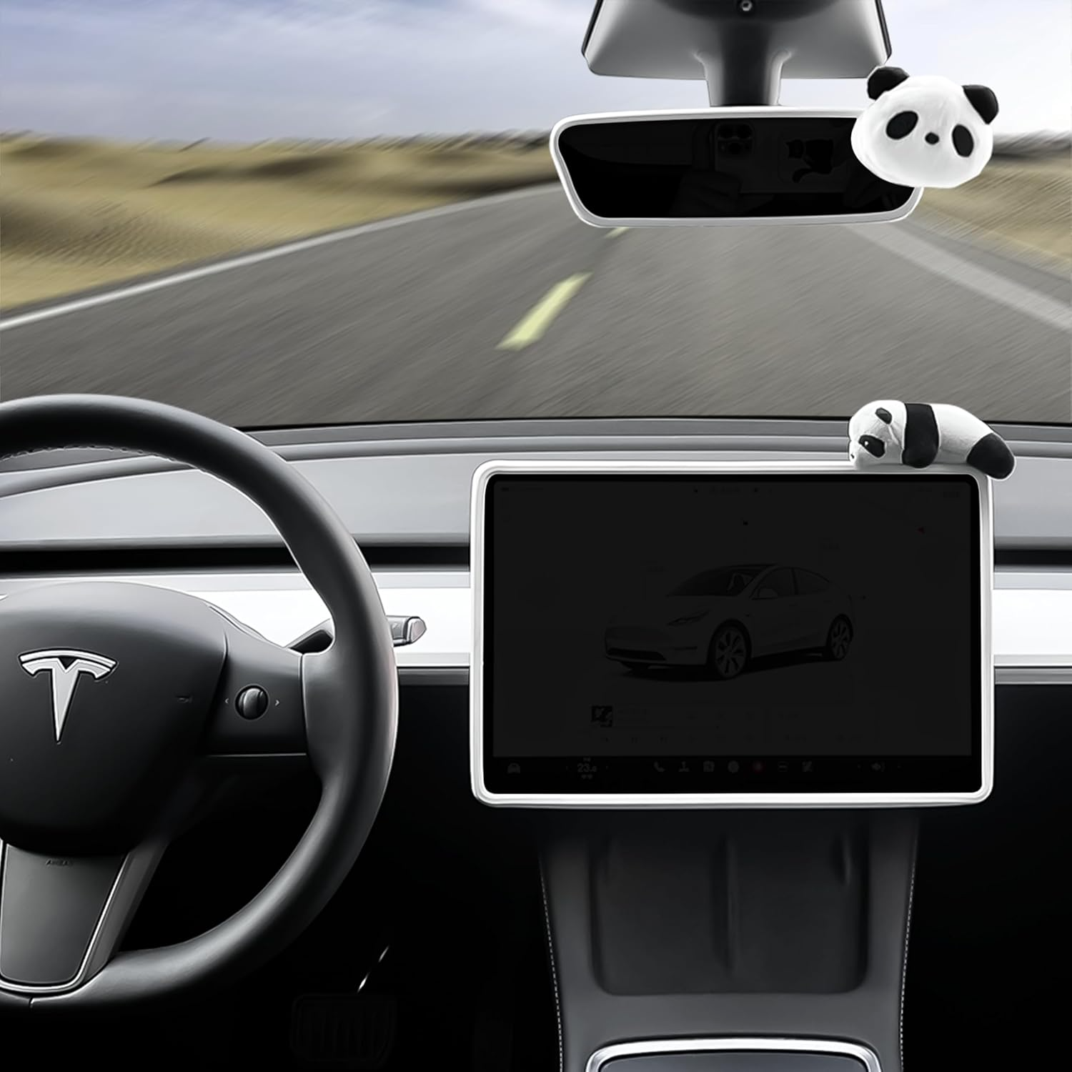 [ Panda Silicone Protector ] 2Pcs Soft Touch Frame for Tesla Model 3 & Model Y Screen & Rear View Mirror Panda Design