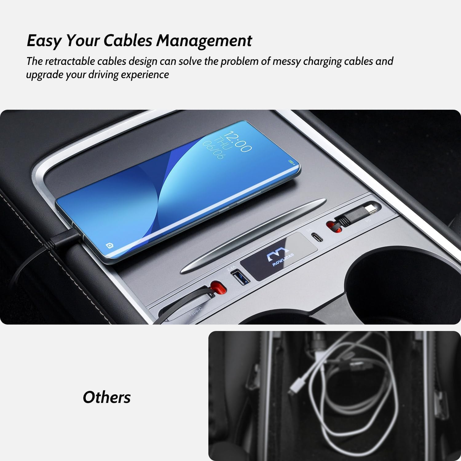 [ 1 PD & 1 Type-C ] Charging Hub for Tesla (Silver Gray), Retractable 27W Fast Charger for iPhone 5~17 is Necessary Tesla Model 3 & Model Y Accessories Highland or Juniper Compatible