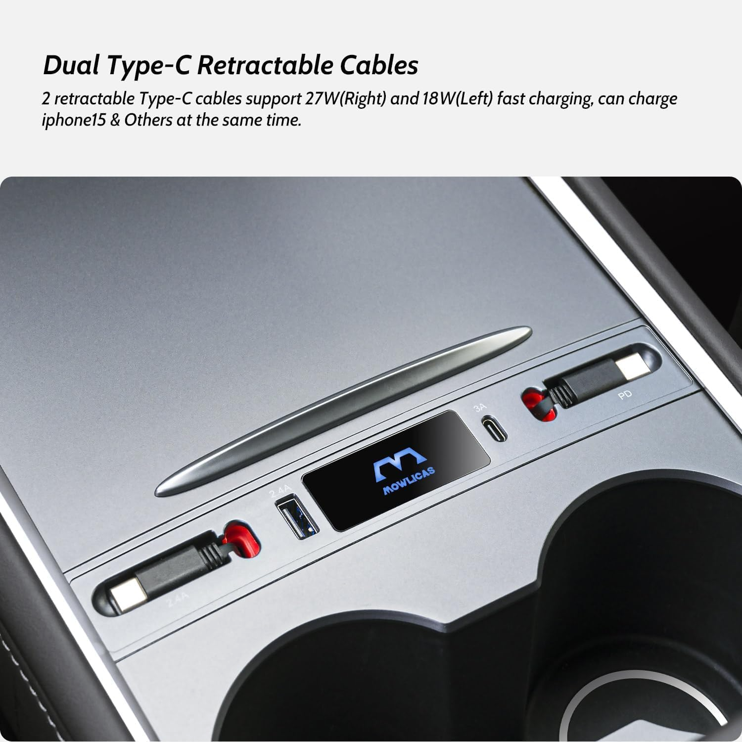 [ 1 PD & 1 Type-C ] Charging Hub for Tesla (Silver Gray), Retractable 27W Fast Charger for iPhone 5~17 is Necessary Tesla Model 3 & Model Y Accessories Highland or Juniper Compatible