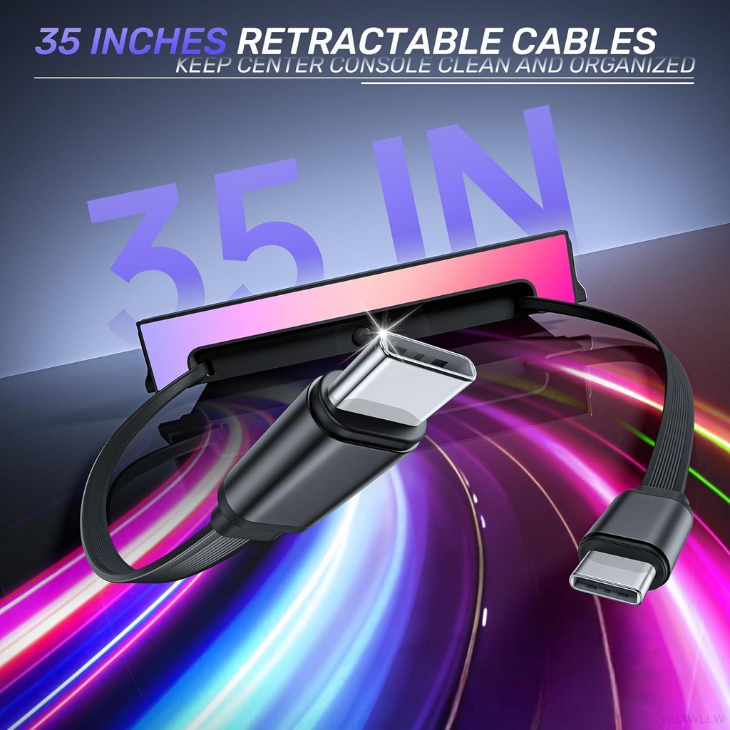 [ Fourth Generation ] Type-C 60W & PD 27W,Double 35in Telescopic USB Hub for Tesla Model Y Juniper 2025 2026 Model 3 Highland 2024 2025 with RGB Ambient Light, 120W Dual Type-C Fast Charger Multi Ports Docking Station Retractable Cable fit Center Console