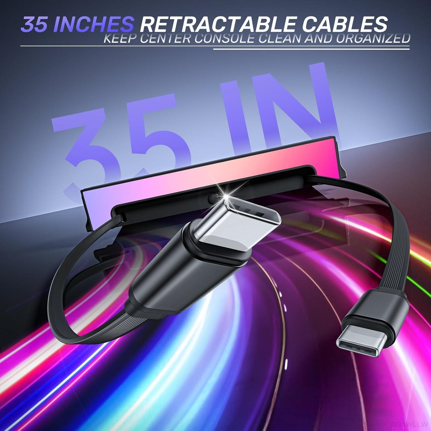 [ Fourth Generation ] Type-C 60W & PD 27W,Double 35in Telescopic USB Hub for Tesla Model Y Juniper 2025 2026 Model 3 Highland 2024 2025 with RGB Ambient Light, 120W Dual Type-C Fast Charger Multi Ports Docking Station Retractable Cable fit Center Console