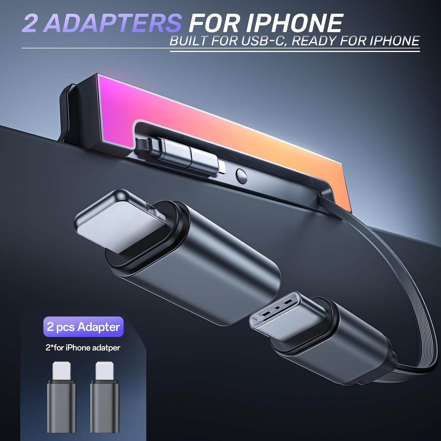 [ Fourth Generation ] Type-C 60W & PD 27W,Double 35in Telescopic USB Hub for Tesla Model Y Juniper 2025 2026 Model 3 Highland 2024 2025 with RGB Ambient Light, 120W Dual Type-C Fast Charger Multi Ports Docking Station Retractable Cable fit Center Console