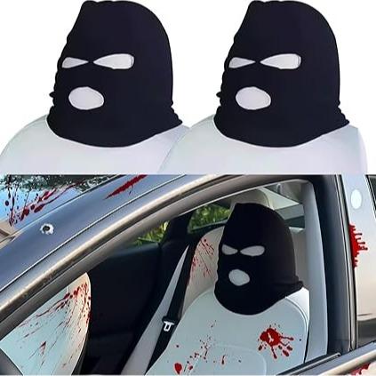 2 PCS for Tesla Car Headrest Cover, Halloween car decorations Personalized Funny Car Seat Full Face Mask, Ski Mask Wrap Protection for Auto Front Seat Rest Decoration, Universal Interior Car Accessories