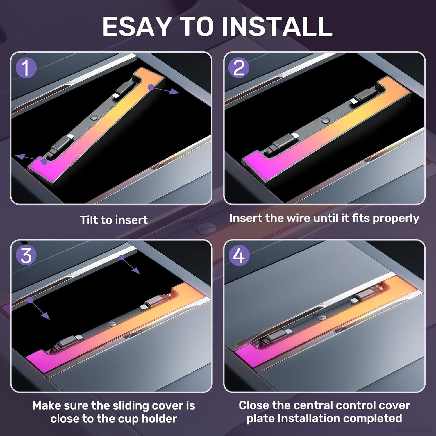 [ Fourth Generation ] Type-C 60W & PD 27W,Double 35in Telescopic USB Hub for Tesla Model Y Juniper 2025 2026 Model 3 Highland 2024 2025 with RGB Ambient Light, 120W Dual Type-C Fast Charger Multi Ports Docking Station Retractable Cable fit Center Console