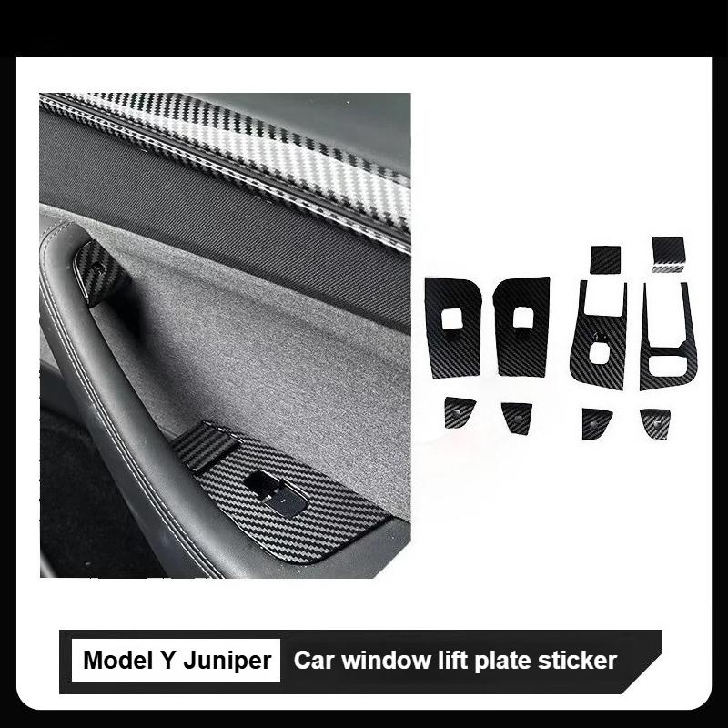 10 Pcs Set - for Tesla Model Y Juniper 2025 Carbon Fiber Button Stickers Door Open Button Sticker Compatible Carbon Fiber Door Lock Switch Trim Interior Accessories - for Left-Hand Drive Vehicles